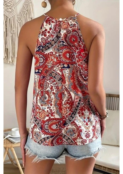 Halter Yaka Damla Detaylı Desenli Süprem Bluz - Kırmızı modelleri