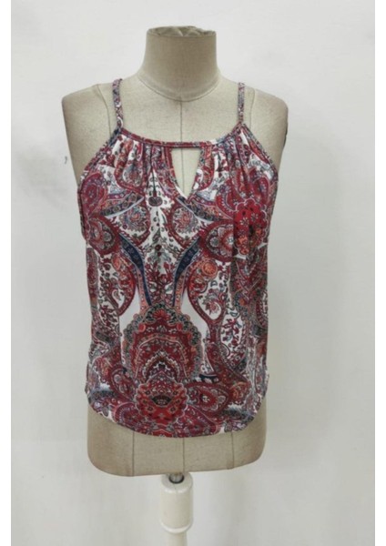 Halter Yaka Damla Detaylı Desenli Süprem Bluz - Kırmızı fırsatları