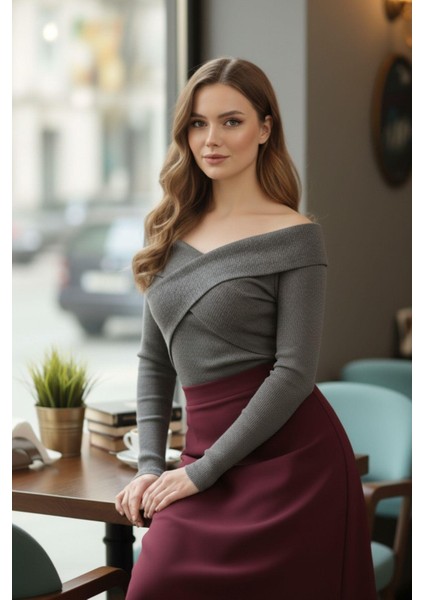 Kayık Yaka Parmak Geçmeli Fitilli Bluz Antrasit fiyatları