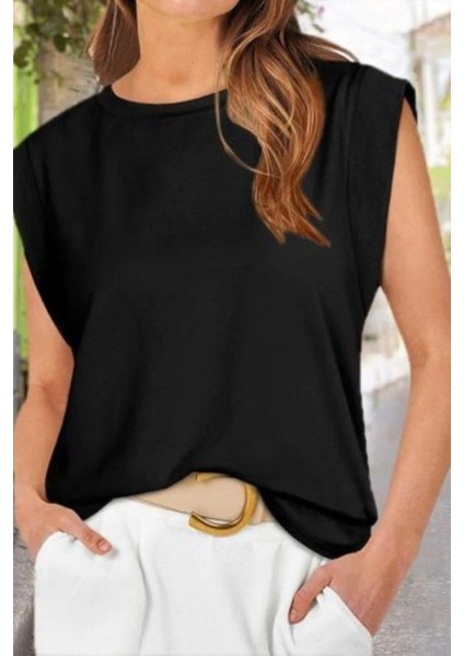 Bisiklet Yaka Geniş Kesim Viskon Bluz - Siyah