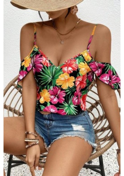 Ince Askılı Düşük Omuz Çiçek Desenli Bluz - Desenli