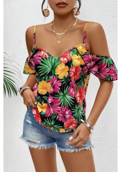 Ince Askılı Düşük Omuz Çiçek Desenli Bluz - Desenli fiyatları