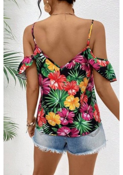 Ince Askılı Düşük Omuz Çiçek Desenli Bluz - Desenli modelleri