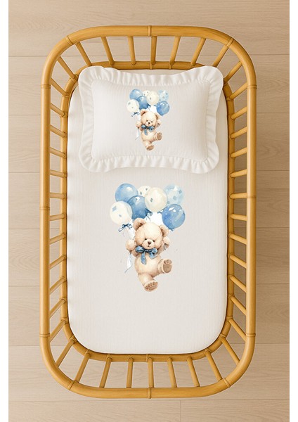 Mavi Balonlu Ayıcık Desenli Bebek Nevresim Takımı Içi Dolgulu Fırfırlı Yastık Kişiye Özel Isim