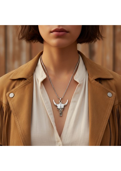 Antik Tılsım - Boğa Kuru Kafa Gümüş Kaplama Örme Zincir Kolye