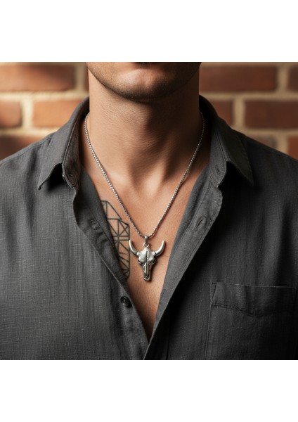 Antik Tılsım - Boğa Kuru Kafa Gümüş Kaplama Örme Zincir Kolye fiyatları