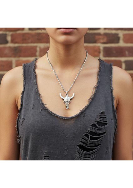 Antik Tılsım - Boğa Kuru Kafa Gümüş Kaplama Örme Zincir Kolye modelleri