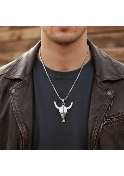 Antik Tılsım - Boğa Kuru Kafa Gümüş Kaplama Örme Zincir Kolye fırsatları