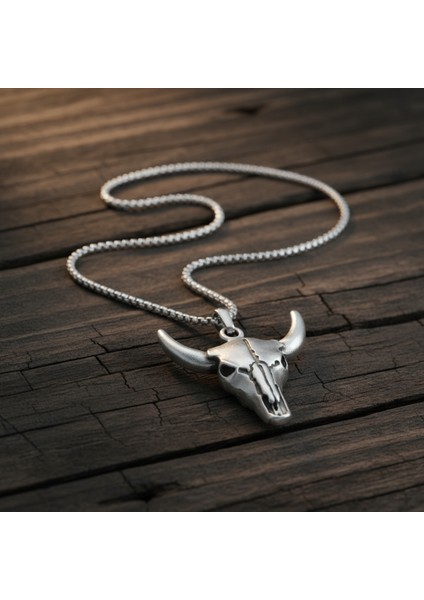 Antik Tılsım - Boğa Kuru Kafa Gümüş Kaplama Örme Zincir Kolye indirimleri
