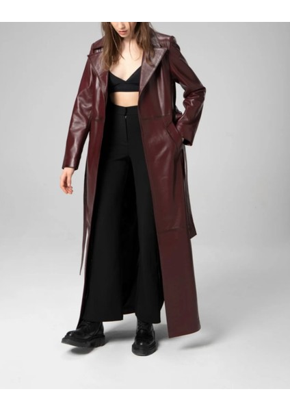 kadın uzun hakiki deri trençkot kaban