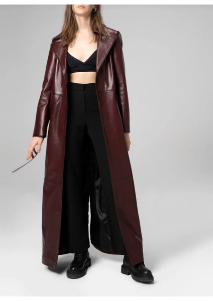 kadın uzun hakiki deri trençkot kaban