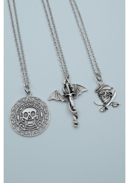 3'lü Karayip Korsan Sikke Ejderha Kılıç Korsan Gümüş Kaplama Kolye Seti