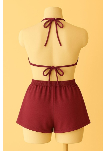 Kadın Bordo Şortlu Belden ve Boyundan Bağlamalı Bikini Takımı modelleri