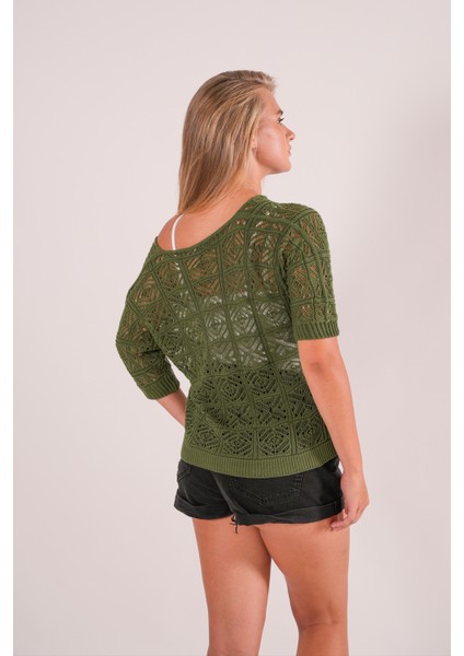 Triko Bluz Yazlık Kazak Dantel Ajurlu Etnik Desenli Yarasa Kollu Kayık Yaka Pareo Kadın Bluz fırsatları