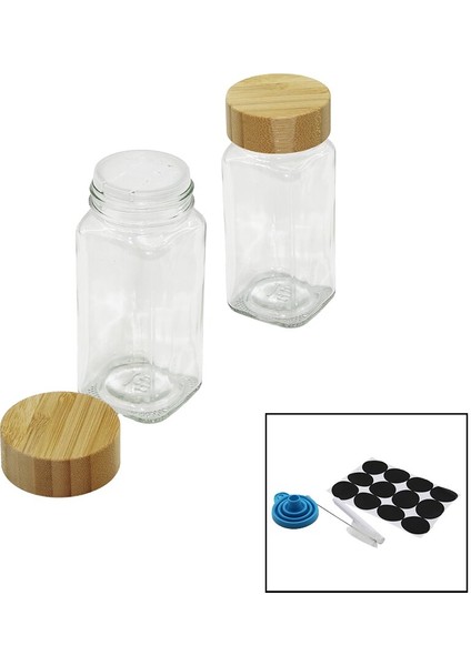 12 Pcs Takım Kare Cam Baharatlık - Tuzluk Bambu Kapaklı (4940)