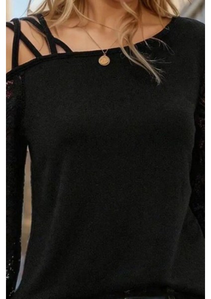Tek Omuz Açık Çapraz Askılı Viskon Iki Iplik Bluz - Siyah fiyatları