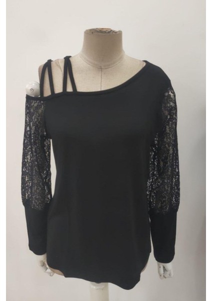 Tek Omuz Açık Çapraz Askılı Viskon Iki Iplik Bluz - Siyah fırsatları