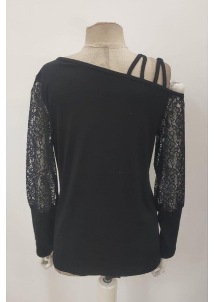 Tek Omuz Açık Çapraz Askılı Viskon Iki Iplik Bluz - Siyah indirimleri