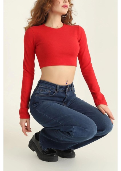 Bisiklet Yaka Parmak Geçmeli Crop Bluz Kırmızı