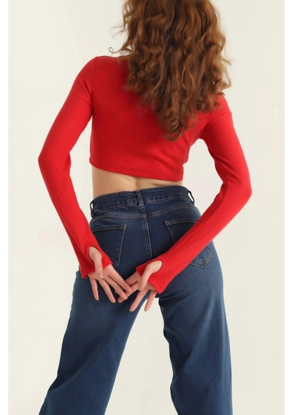 Bisiklet Yaka Parmak Geçmeli Crop Bluz Kırmızı fiyatları