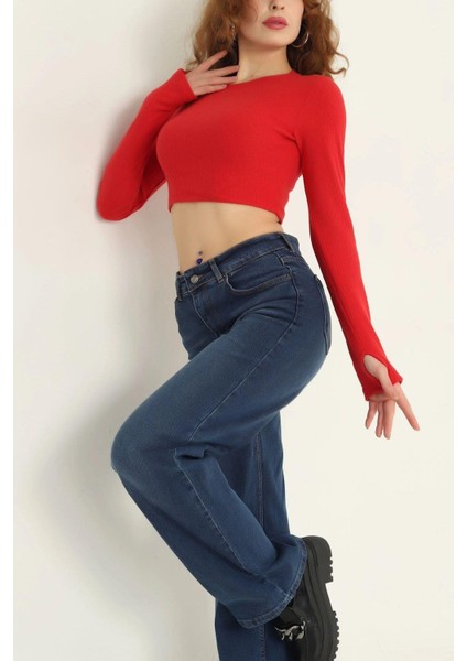 Bisiklet Yaka Parmak Geçmeli Crop Bluz Kırmızı modelleri