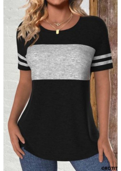 Çizgili Kollu Blok Desenli Viskon Bluz - Siyah