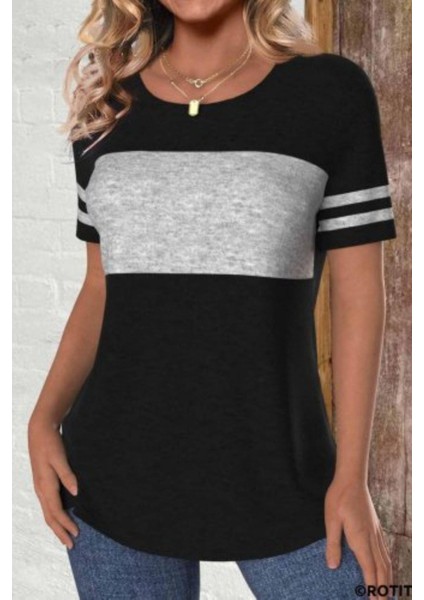 Çizgili Kollu Blok Desenli Viskon Bluz - Siyah modelleri