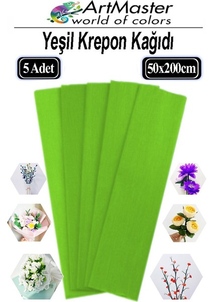 Krapon Kağıdı Yeşil Renk 5 Adet 50X200 cm Grapon Kağıdı 5'li Okul Proje Sınıf Anaokulu Kreş Süsleme