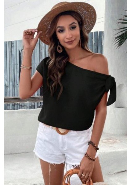 Tek Omuz Bağlama Detaylı Krep Bluz - Siyah fiyatları