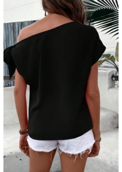 Tek Omuz Bağlama Detaylı Krep Bluz - Siyah modelleri