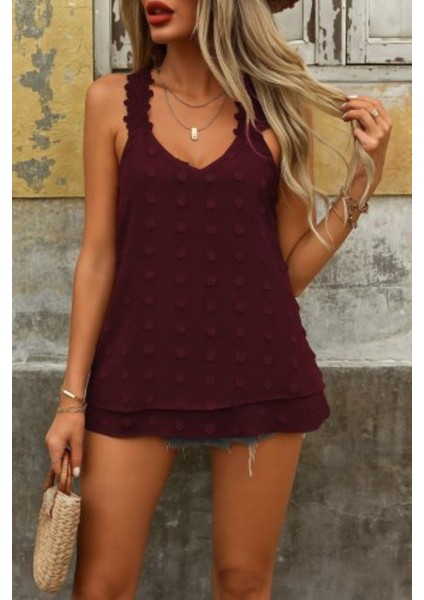 Dantel Askılı Ponpon Bluz - Bordo