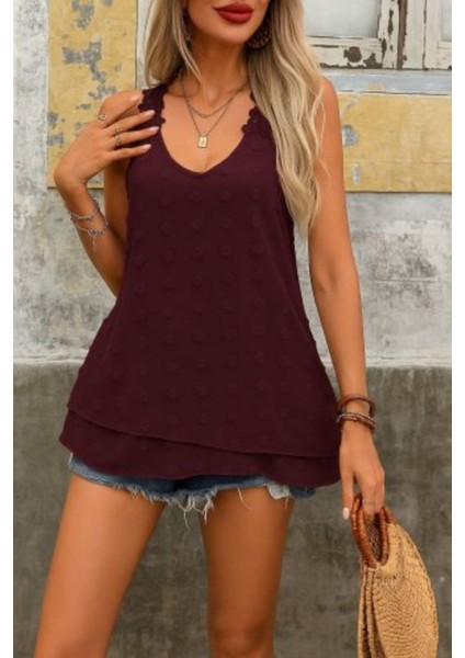 Dantel Askılı Ponpon Bluz - Bordo fiyatları