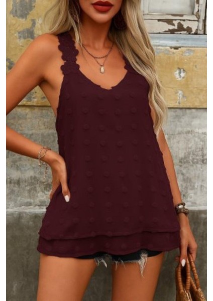 Dantel Askılı Ponpon Bluz - Bordo modelleri