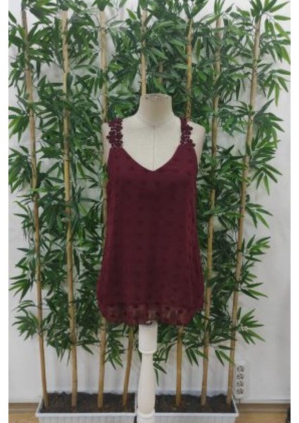 Dantel Askılı Ponpon Bluz - Bordo fırsatları