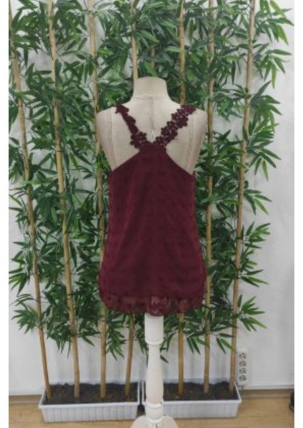 Dantel Askılı Ponpon Bluz - Bordo indirimleri