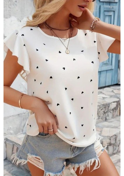 Kalp Desenli Fırfır Kollu Süprem Bluz - Beyaz