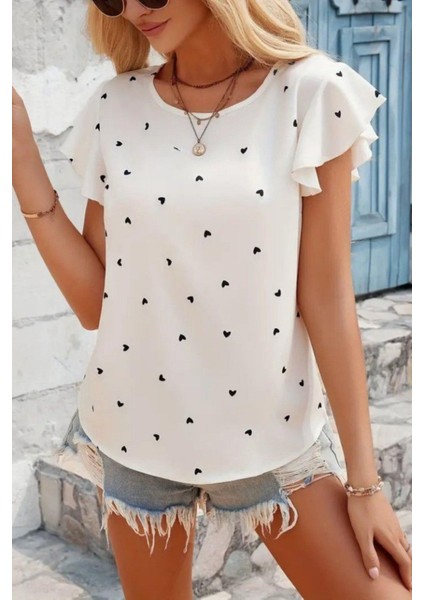 Kalp Desenli Fırfır Kollu Süprem Bluz - Beyaz fiyatları