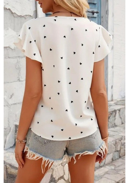 Kalp Desenli Fırfır Kollu Süprem Bluz - Beyaz modelleri