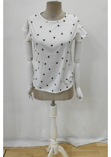 Kalp Desenli Fırfır Kollu Süprem Bluz - Beyaz fırsatları