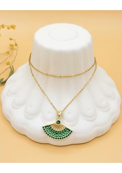 Zirkon Taşlı Zümrüt Yeşil Yelpaze Kolye