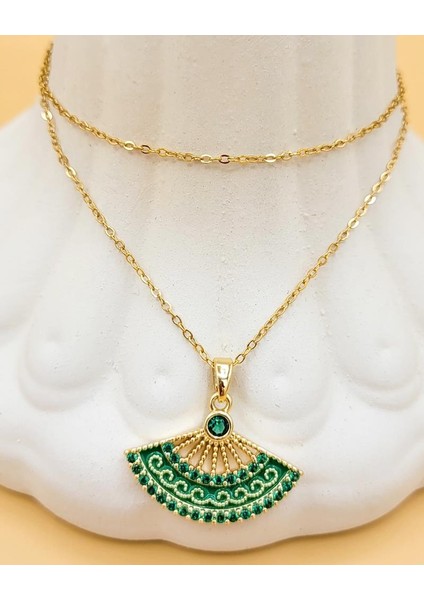 Zirkon Taşlı Zümrüt Yeşil Yelpaze Kolye fiyatları