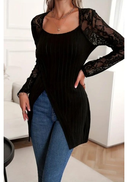 Kare Yaka Asimetrik Kesim Şardonlu Dalgıç Bluz - Siyah