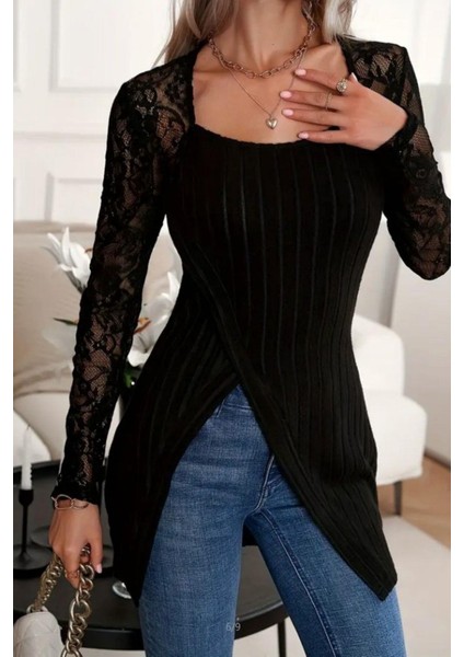Kare Yaka Asimetrik Kesim Şardonlu Dalgıç Bluz - Siyah fiyatları