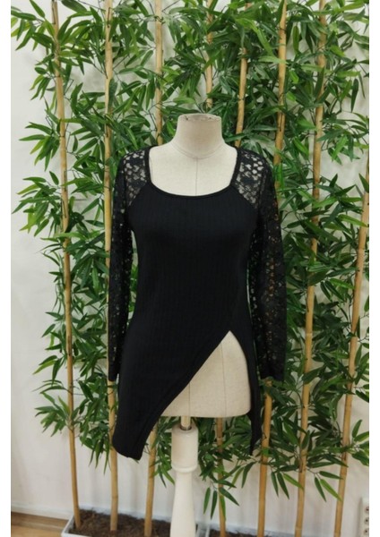 Kare Yaka Asimetrik Kesim Şardonlu Dalgıç Bluz - Siyah fırsatları