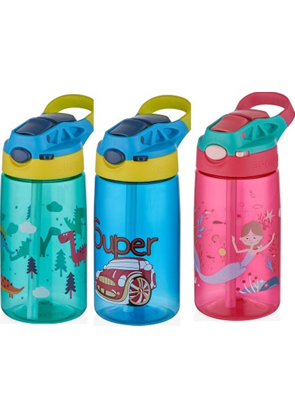 Tritan, Pipetli Çocuk Matarası 500 Ml, Kilitlenebilir Turkuaz Dinozor modelleri