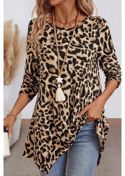 Leopar Desenli Asimetrik Kesim Süprem Bluz - Leopar