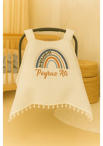Kişiye Özel Gökkuşağı Desenli Bebek Puset Örtüsü – Isim Yazılı, %100 Pamuk