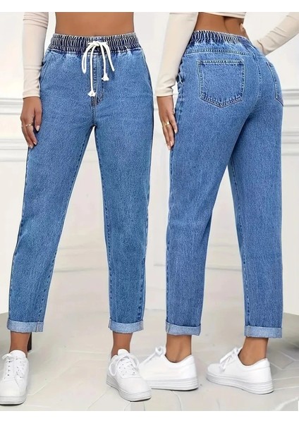 Kadın Yüksek Bel Bağcıklı Kot Pantolon