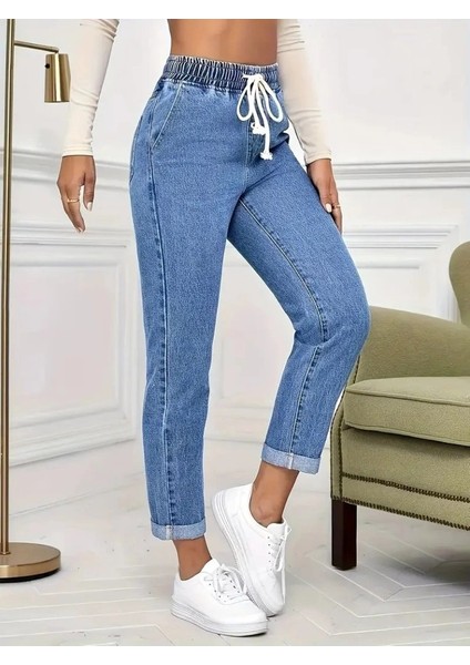 Kadın Yüksek Bel Bağcıklı Kot Pantolon modelleri