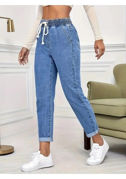 Kadın Yüksek Bel Bağcıklı Kot Pantolon fırsatları